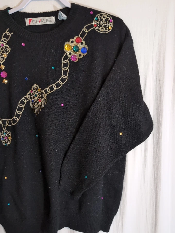Suéter vintage para mujer L Chaus negro bordado adornado años 90 Foto 2 de 4