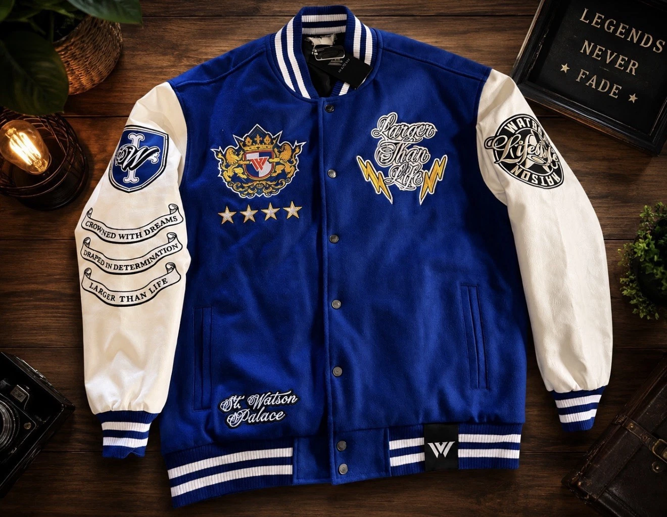 Watson Larger Than Life Varsity Jacket XL New With Tags Blue Letterman Coat - product detail image 1