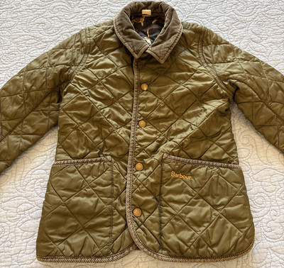 Barbour Alderley Jacket Kids Youth Size 6/7 Green Quilted Elbow Patches