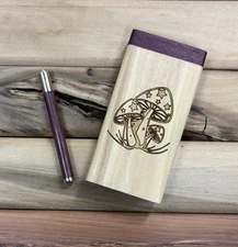 Mushroom Engraved 4” Poplar Dugout w Poker, Exotic Purpleheart Lid & Pipe Set