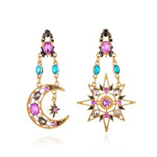 Sun and Crescent Moon Star Planet Dangle Drop Earrings for Women Asymmetrical Vi