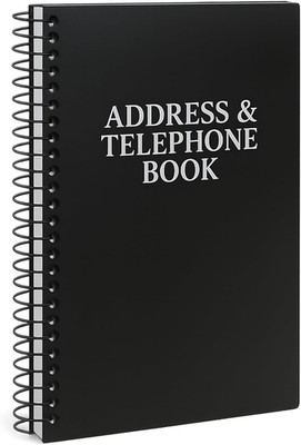 Iconikal Spiral-Bound Address and Telephone Book with Plastic Cover, Black