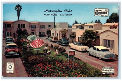 c1950 Harrington Motel Restaurant Classic Cars Umbrella Hollywood 27 CA Postcard