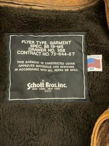 Schott Leather Flight Jacket 42 Brown Vintage B-3 Style, Used, Men's - Picture 3 of 7