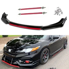 Front Bumper Lip Splitter Spoiler + Strut Rods Glossy Black For Honda Civic
