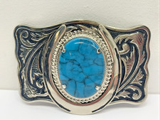 Vintage Southwestern Lucky Horseshoe Silver Tone  Faux Turquoise Belt Buckle