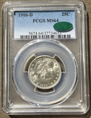 1916-D Barber Quarter PCGS MS64 ~ CAC Approved ~ Blazing White!