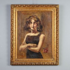 'Luigi Conconi' Ragazza con Fiore Olio su Tela Firmato XIX Secolo Originale