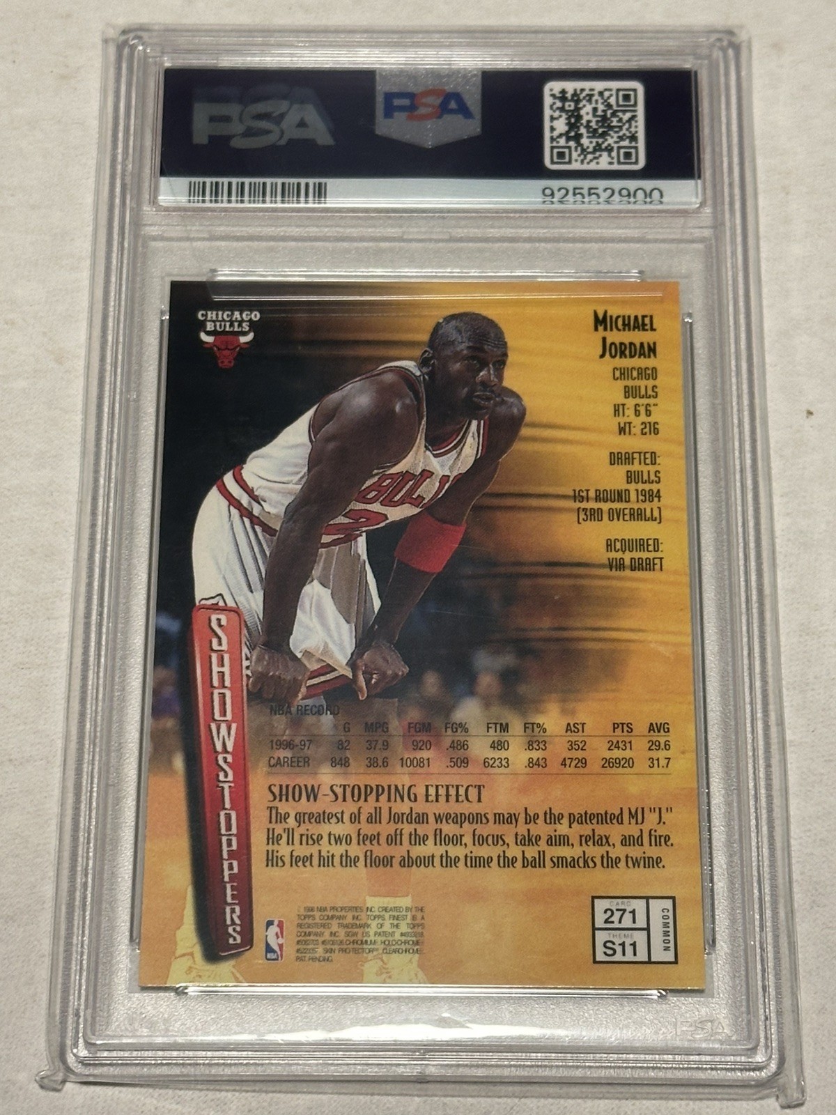 Michael Jordan 1997 Topps Finest Showstoppers Insert #271 PSA 8 Bulls view 2