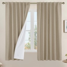 LAMIT 100 Blackout Natural Linen Curtains, 63 Inches Linen Textured Thermal B...