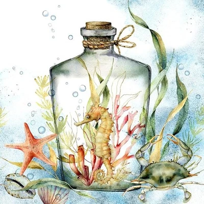 EUROPEAN EXCELLENCY Decoupage Art Craft Napkins-Cocktail Size 5"x5" Bottled Seahorse, Sea Life
