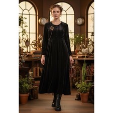 Whimsigoth steampunk Women's Black Velvet Maxi Dress M Vtg 90s L/S Formal ribbon