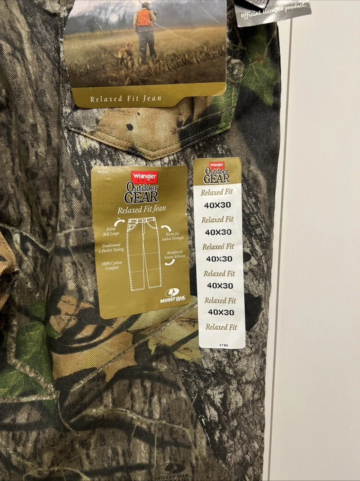 NEW Wrangler Jeans Outdoor Gear Camo Mossy Oak BREAKUP Mens Pants 40x30, VTG NOS - Image 3 of 4