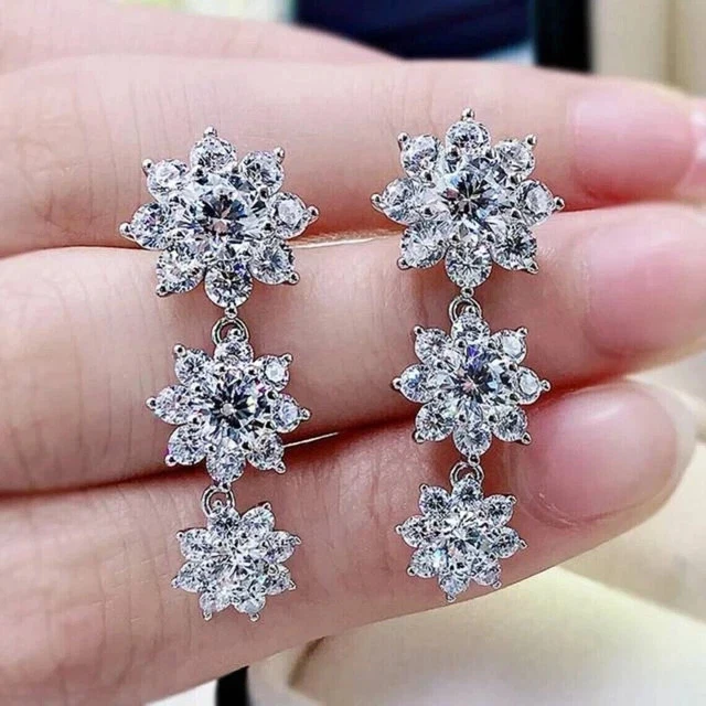 4Ct Lab Created Diamond Round Flower Drop Dangle Earrings 14K White Gold Plated - Image 3 of 4