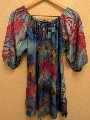 Caleoa Boho Burnout Velvet Tunic Dress Balloon Sleeve Art To Wear Stretchy