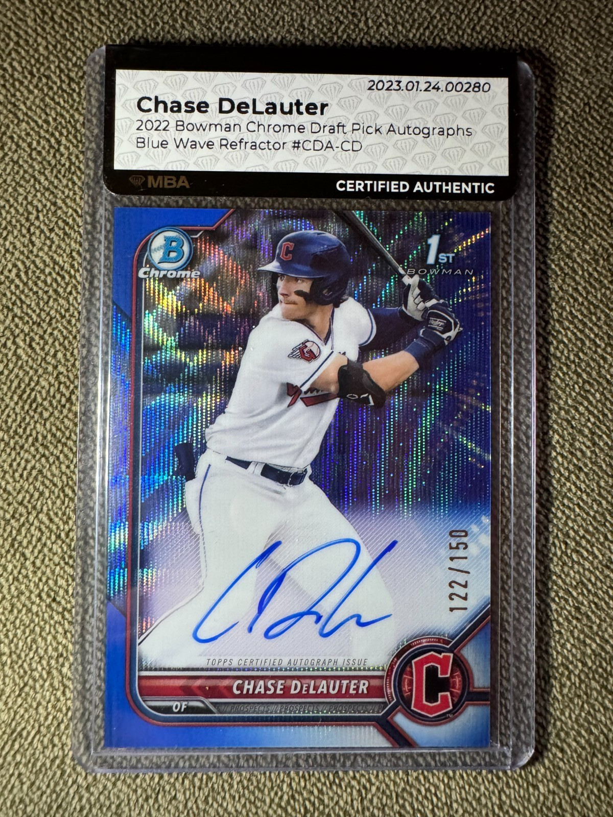 2022 Bowman Chrome Draft Chase DeLauter Blue Wave /150 Auto #CDA-CD