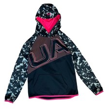 Girls YXL Under Armour Hoodie Pink Black Hooded Sweatshirt Pullover