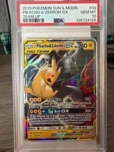 2019 POKEMON SUN & MOON TEAM UP #33 PIKACHU & ZEKROM GX PSA 10