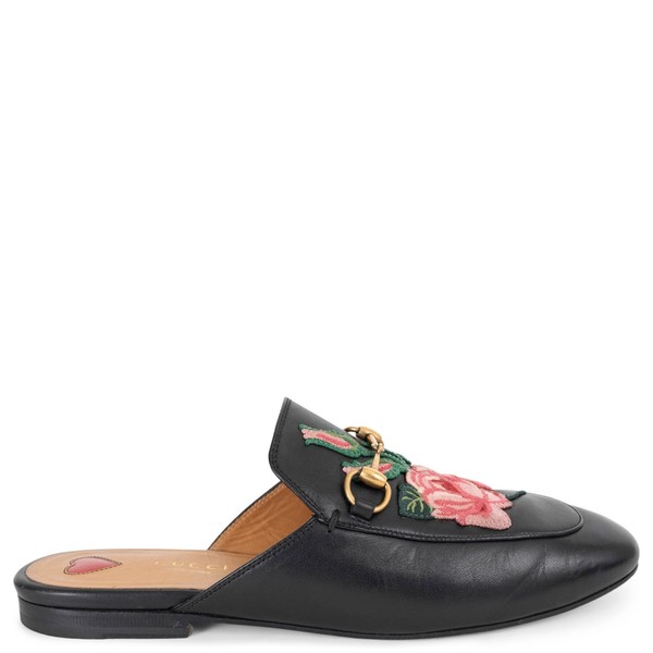 73002 authentische Gucci schwarze Leder 2017 Rose Princetown Pantoletten Schuhe 38,5 Passform 38