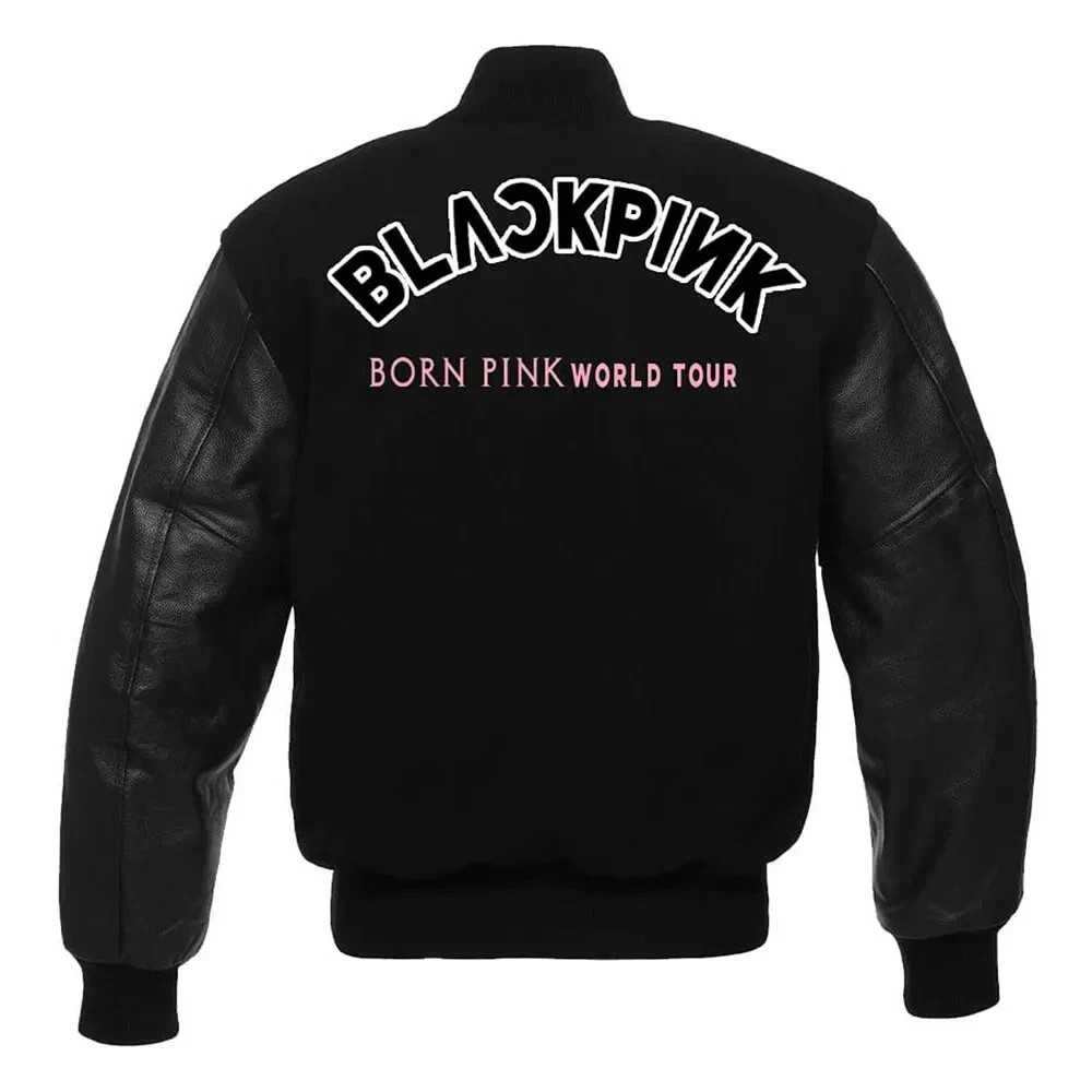 Chaqueta Universitaria Letterman BLACKPINK World Tour Todo Negro Lana y Cuero