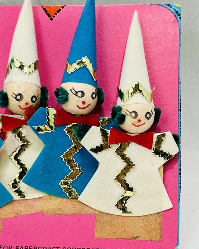 4 Vintage Paper Chenille Elf Pixie Japan Kitschy Stick On Christmas Decoration - Picture 6 of 6