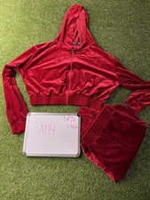 Boohoo Tracksuit Velour Red Velvet Pants Crop Jacket Set UK 18 EUR 46 US 14