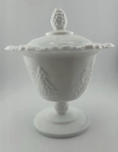 Vintage Indiana Milk Glass Harvest Grape Open Lace Candy Dish W/lid On Pedestal