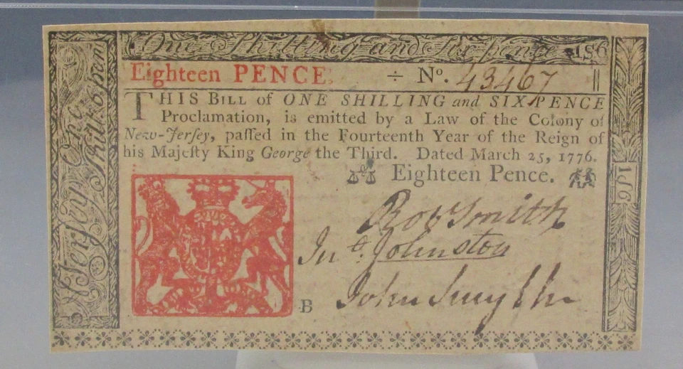 1776 New Jersey Colonial Note 18 Pence march 25, 1776 Fr#NJ-176 PMG 55 - Image 3 of 4