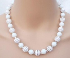 Halskette Kette Resin Harz weiß klar Glas Perlen Kugel rund Modeschmuck  021g