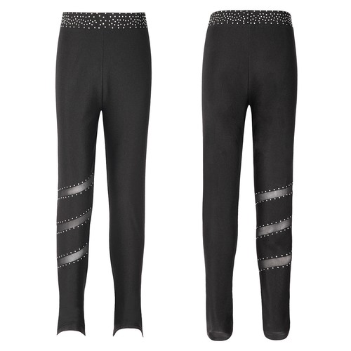 Kids Girls Tights Trousers Workout Tights Pants Sheer Mesh Stripes Rhinestones - Picture 6 of 30