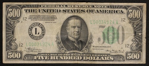 1934 $500 Federal Reserve Note FR#2211L Small Size Note Item#P20388
