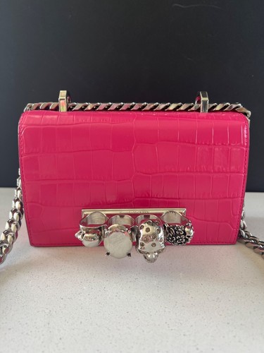 NEW ALEXANDER MCQUEEN Mini Skull Jeweled Croc-Embossed Satchel Bag Peony Pink - Picture 4 of 14