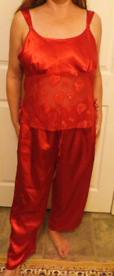 DREAMY ETONNE BY SARAH RICHARDS ELEGANT RED SATIN & CHIFFON PAJAMA SET M L EUC