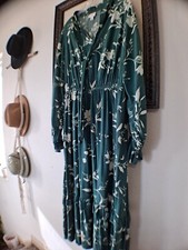 Ava & Viv Sz X XL 0X Green Floral Dress Long Sleeve Maxi White Flower Print