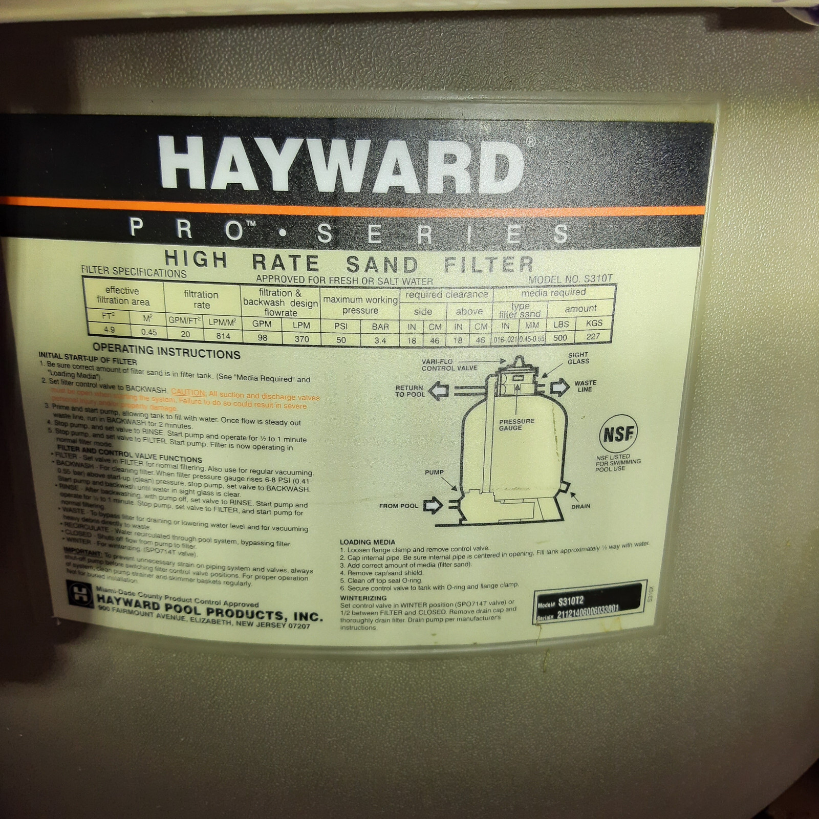 Hayward W3S310T2 30 inch Pool Sand Filter System, great shape, with