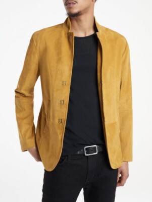 Yellow Leather Blazer Men Pure Suede Coat Jacket 2 Button Size S M L XL XXL