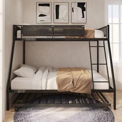 Twin Over Full Metal Bunk Bed with Trundle Kids Bunk Bed Frames for Dorm Bedroom