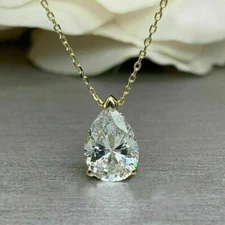 2Ct Pear Cut Lab-Created Diamond Solitaire Pendant Chain 14K Yellow Gold Plated
