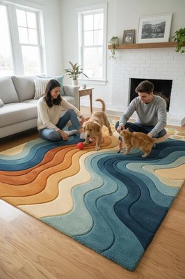 Hand Tufted Wool Area Rug: Blue, Rust, Beige 3D Wave Design