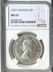 1957 Canada Silver Dollar, NGC MS 63, KM-54, Mainly Brilliant White