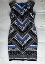 Vince Camuto Sheath Dress Blue Black White Geometric Print Size 14 Sleeveless