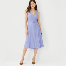 ANN TAYLOR Belted Sleeveless Midi Wrap Dress Cross Weave Chambray NWT | Size 12