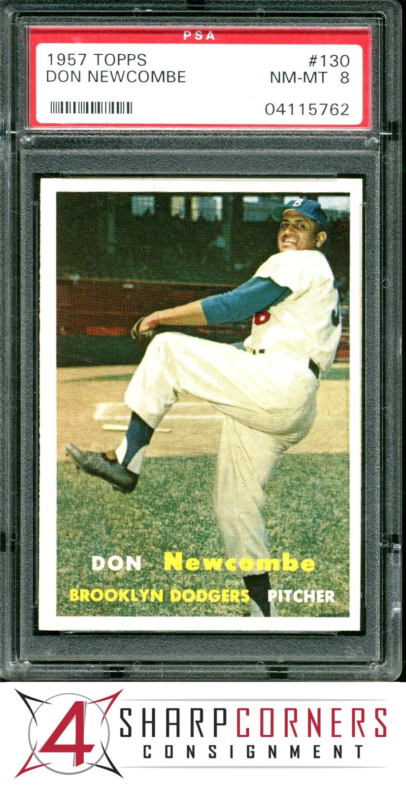 1957 TOPPS #130 DON NEWCOMBE DODGERS PSA 8