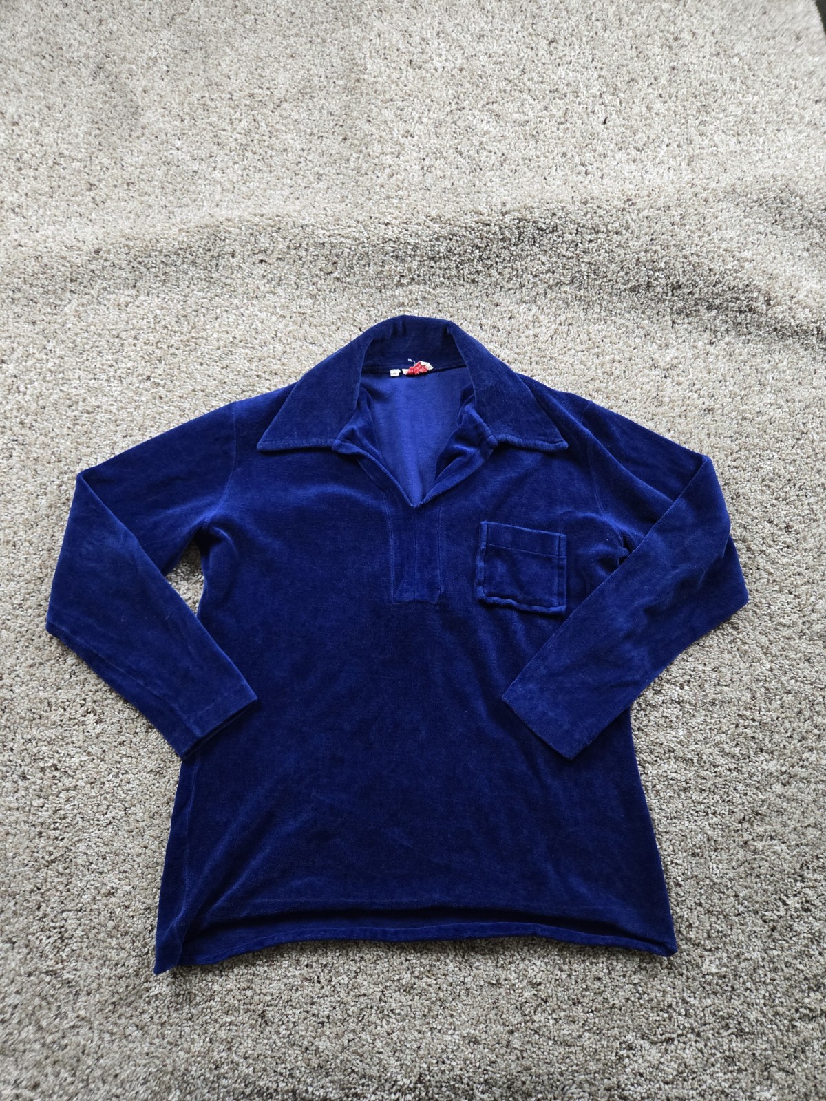 Vintage Saks Fifth Avenue Velour Polo Shirt Medium Blue Long Sleeve Made USA 70s