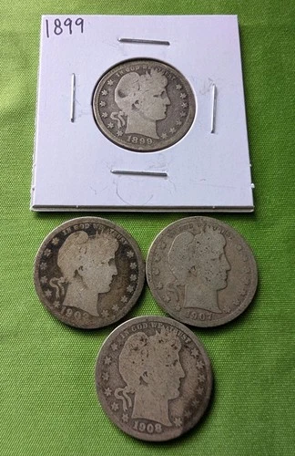 Barber Quarters, 1899, 1902, 1907-D, 1908-D Lot of 4 90% Silver Coins