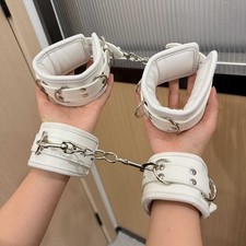 White PU Leather Soft Padded Handcuffs Ankle Cuffs Wrist Bondage Restraints
