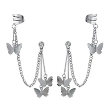 Butterfly Cuff Chain Earrings for Women, Tassel Ear Cuffs, 40mm Stud Earrings, N