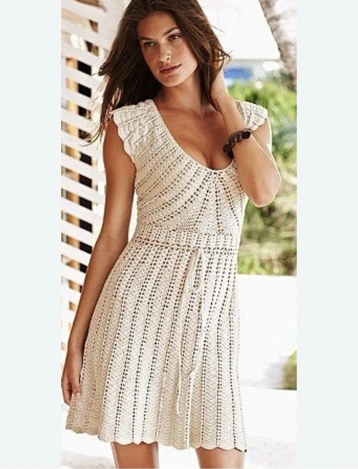 Moda International женщин кремовый хлопок крючком мини-платье M богемное Y2K - Изображение 2 из 4