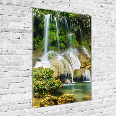 Wandbild Kunst-Druck auf Hart-Glas hochkant 70x100 Wasserfall Dschungel