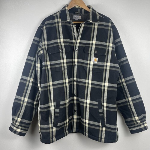 Carhartt Relaxed Fit Flannel Sherpa-Lined Snap Front Plaid Shirt Jacket XL Green